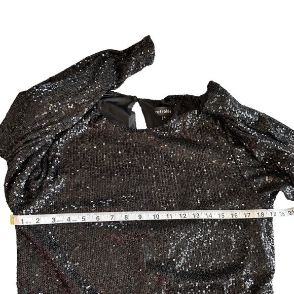 Retrofete Flynn Sequin Ruched Tulle Long Sleeve Key Hole Mini Dress Black Large - Picture 12 of 16